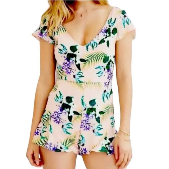 For Love and Lemons Womens Tropical Floral Leaf Ruffle Romper Size Medium - Picture 1 of 10